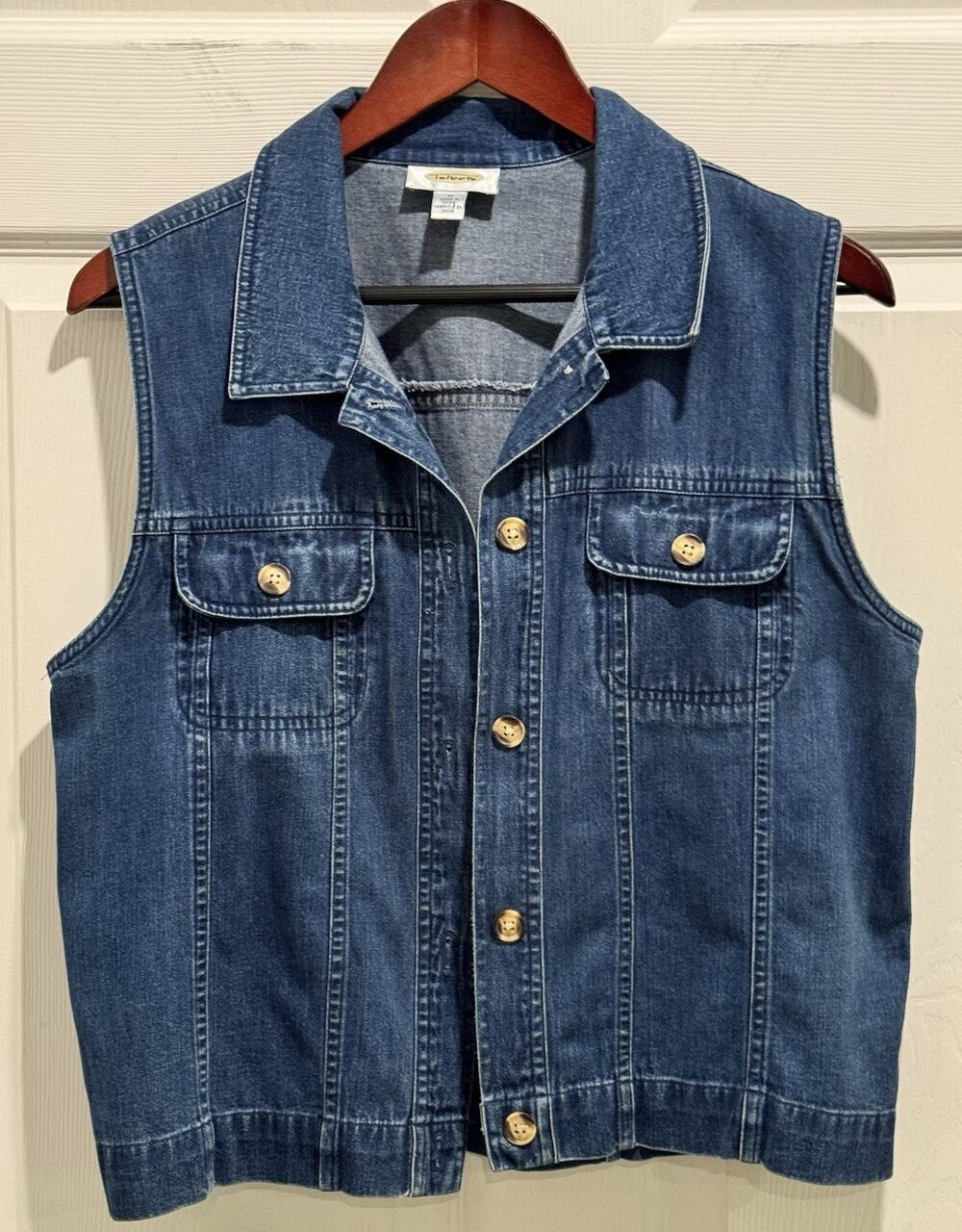 Talbots Blue Denim Button Front Vest Size Medium Sleeveless Pockets